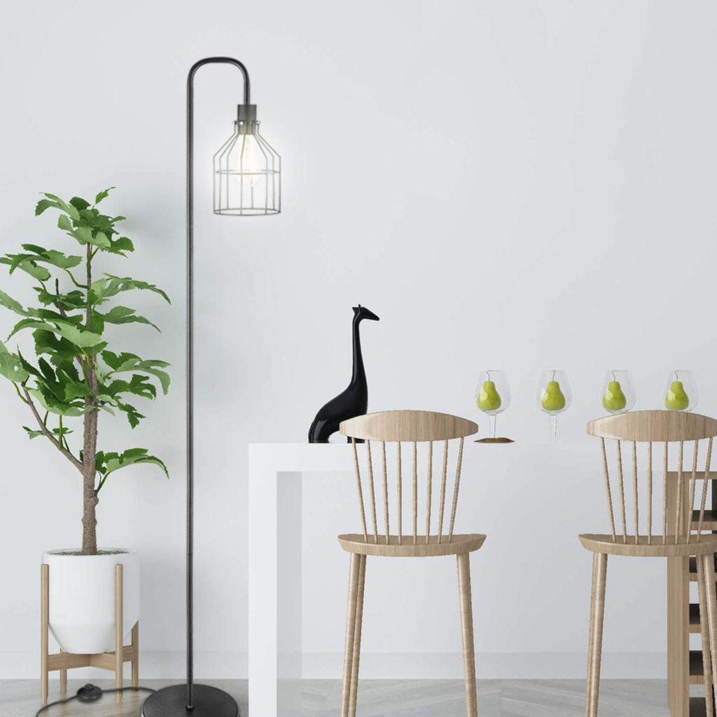 Floor Lamps, Industrial Frosted Black Floor Lamp with Cage Lampshade, On-Off Switch, Modern Indoor Pole Light, Study