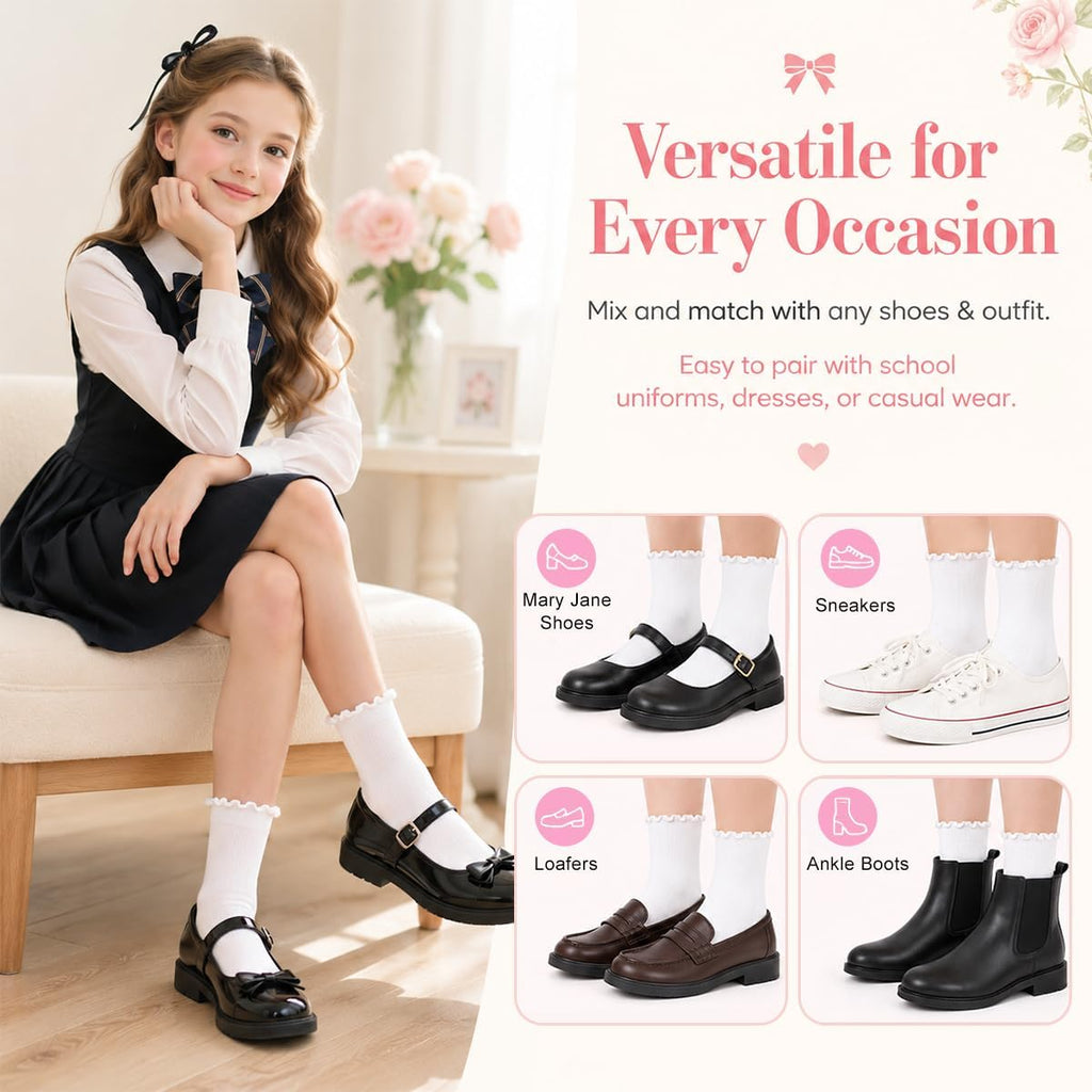 Ruffle Socks for Girls, White Cute Frilly Crew Dress Socks for Kids 6 Pairs