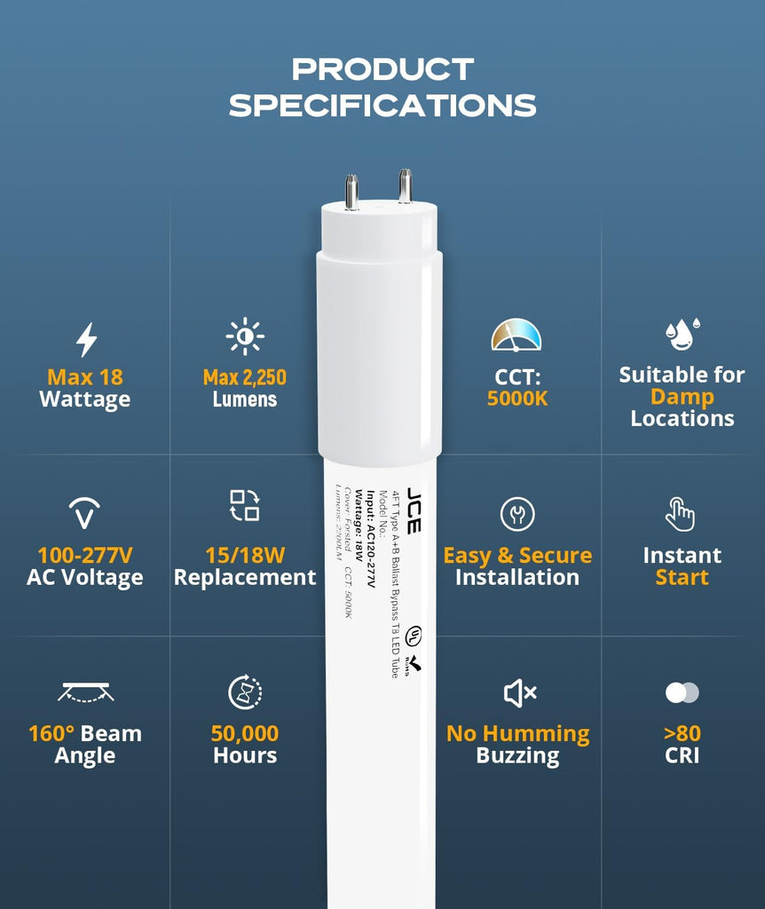 T8 LED Bulbs 4 Foot, Type A+B Ballast Bypass/Compatible, 18W 2250LM 5000K