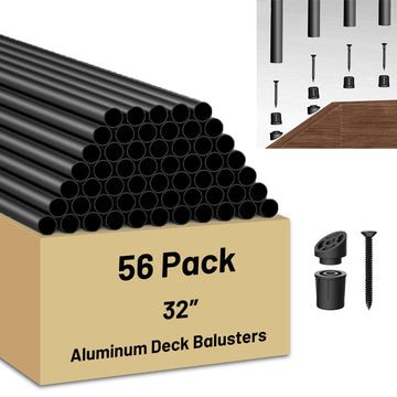 56 Pack 32 inch Aluminum Balusters for Deck Railing, Black Round Metal Spindles for Staircase, 3/4" Diameter Hollow