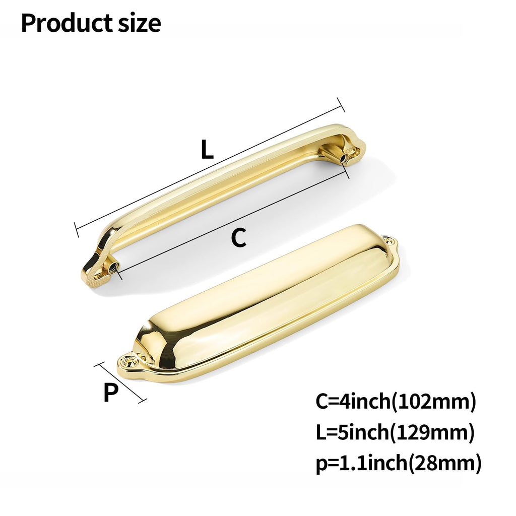10 Pack Polished Brass Cup Pulls 4 Inch Center to Center - Cabinet & Drawer Handles Hardware