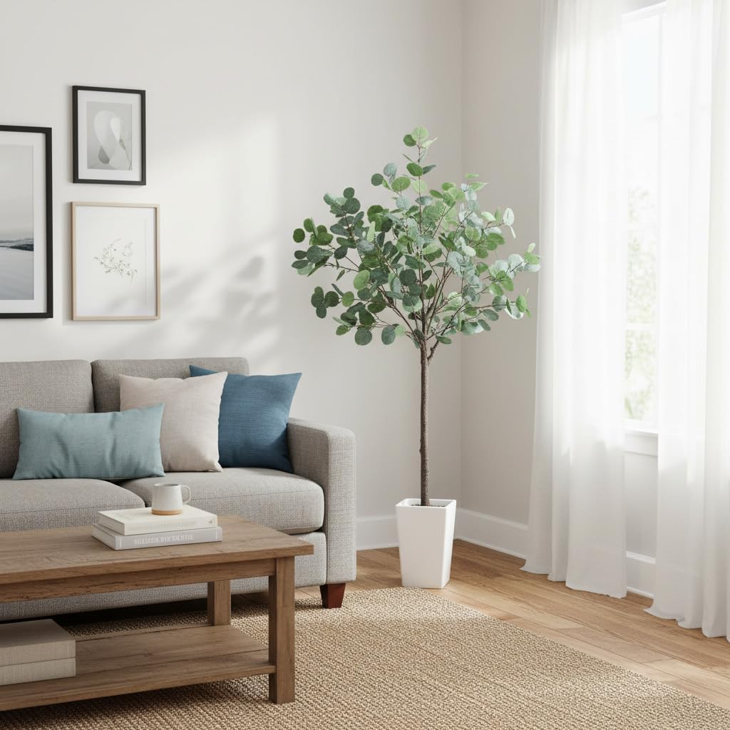 5ft Artificial Eucalyptus Tree Decor, 5 Feet Large Faux Floor Plant Fake Silk Trees with Pot for Indoor Outdoor House
