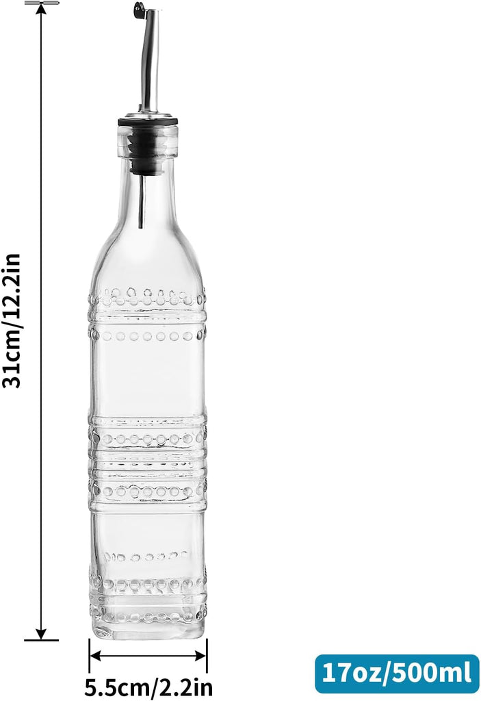 Oil and Vinegar Dispenser Set, 17oz Clear Glass Olive Oil Bottles, Kitchen Vinegar Decanters with 3 Spouts, 3 Plugs - Set of 3
