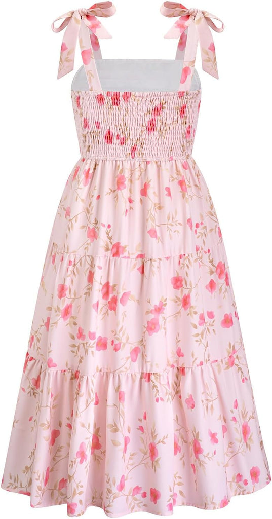 Floral Dress Summer Ruched Flowy Tiered Cami Dresses Beach Vacation Midi Sundress with Pockets