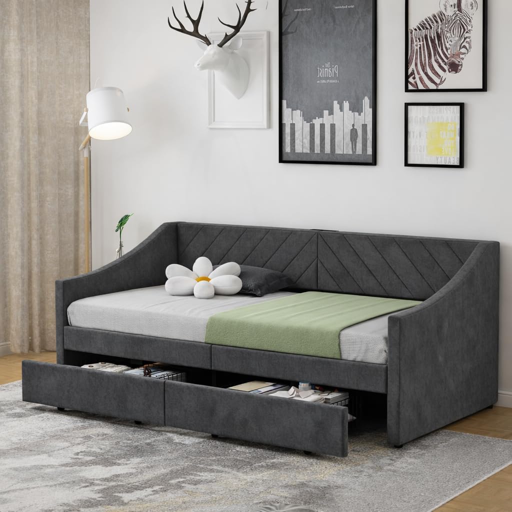 Upholstered Twin Size Daybed with Two Storage Drawers, Twin Leatherair Sofa Bed Daybed with Wood Slat Support,No Box