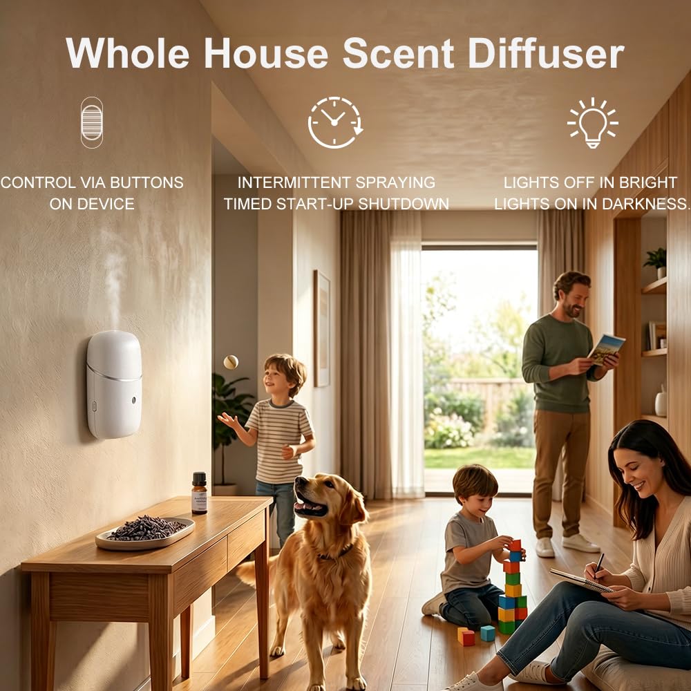 Waterless Diffuser, Quiet Plug in Essential Oil Diffuser with Up to 600 sq ft, 12-Hour Timer, Low/High Fragrance Modes