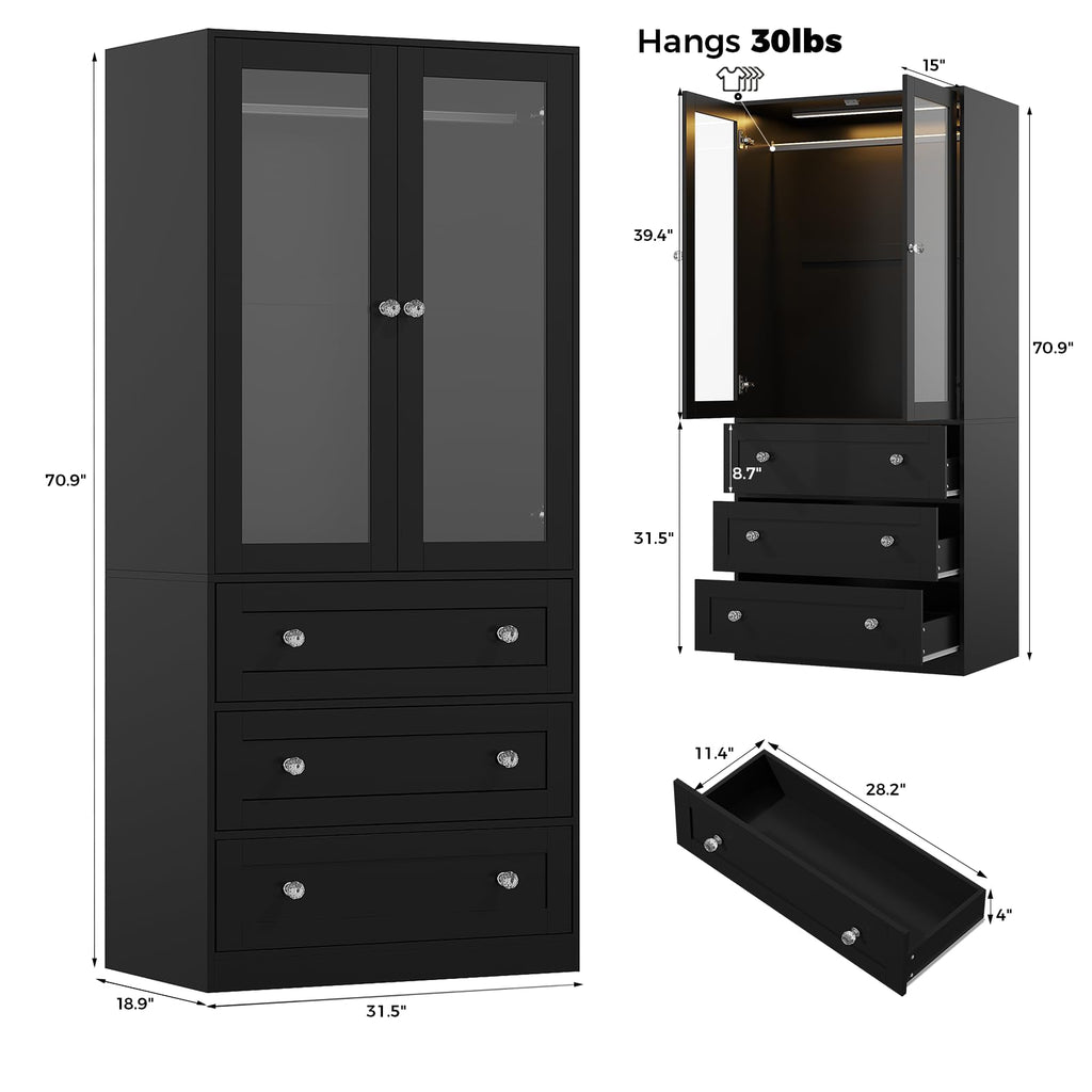 71" H Armoire Wardrobe Closet with Motion Sensor LED Light (Black)