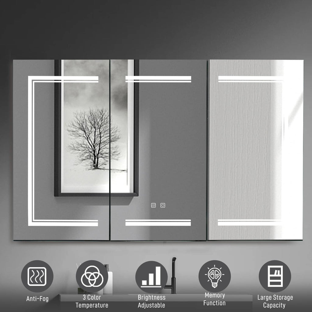 White 3‐Door Bathroom Medicine Cabinet with LED Mirror