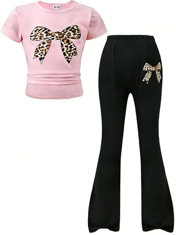 Girls' Summer Piece Outfit Set Bow Tie Short Sleeve Crop Tops+Solid Color Flared Pants Set Old