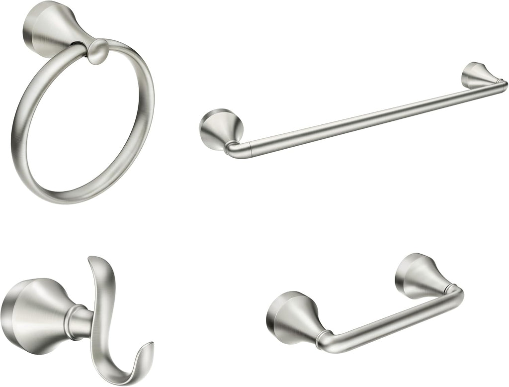 Y1394BN Wellton 4-Piece Bathroom Accessory Set, Brushed Nickel, Includes 18" Towel Bar, Towel Ring, Robe Hook, and
