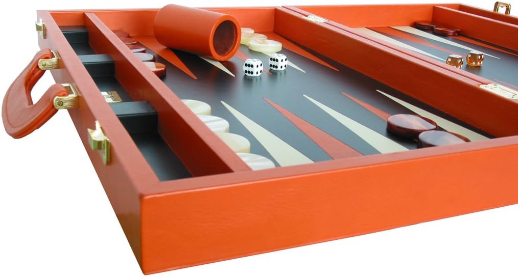 Leather Backgammon Set by - (20" Case, Board Game) - Orange