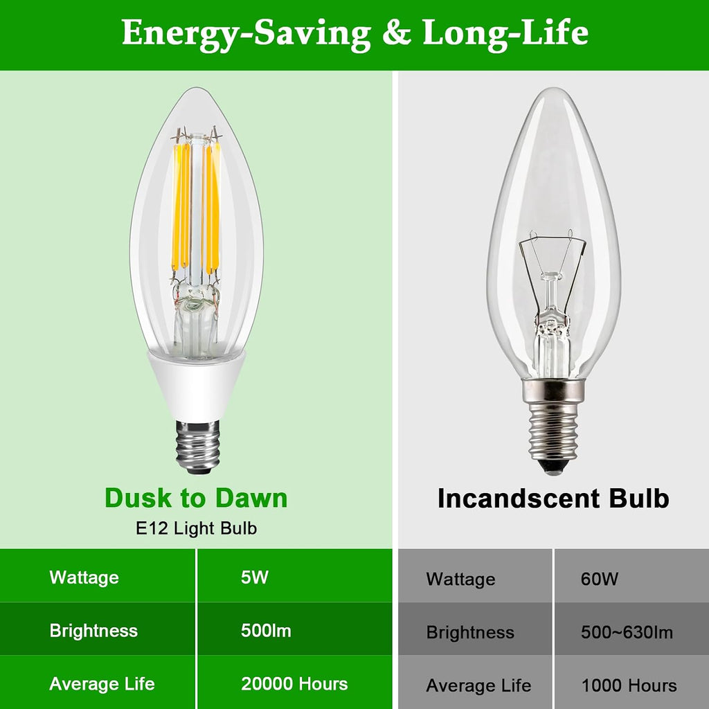 E12 Dusk to Dawn Light Bulbs Outdoor, C35 B11 5W 60W Equivalent 500LM 2700K Soft White Photocell Sensor Filament