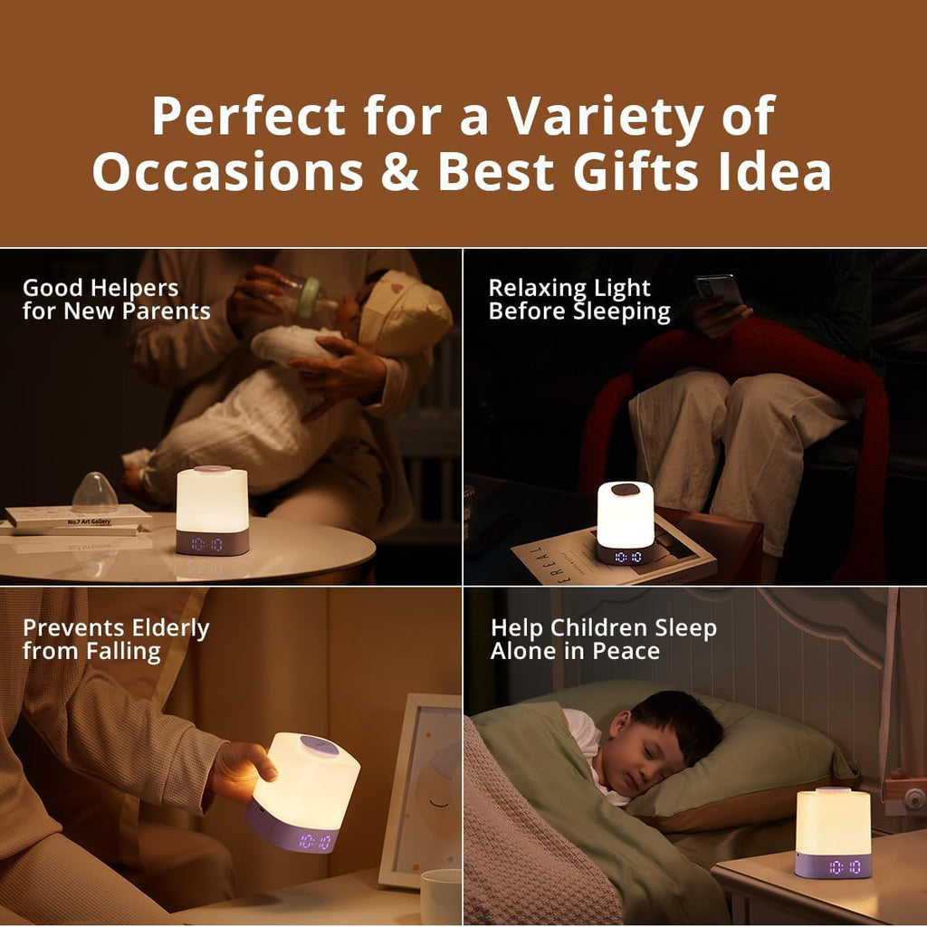 LED Nursery Night Light with Clock, Rechargeable Table Lamp, Purple