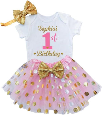 Personalized 1st Birthday Girl Outfit | Glittering Gold and Pink Tutu Dress with Elastic Closure Headband