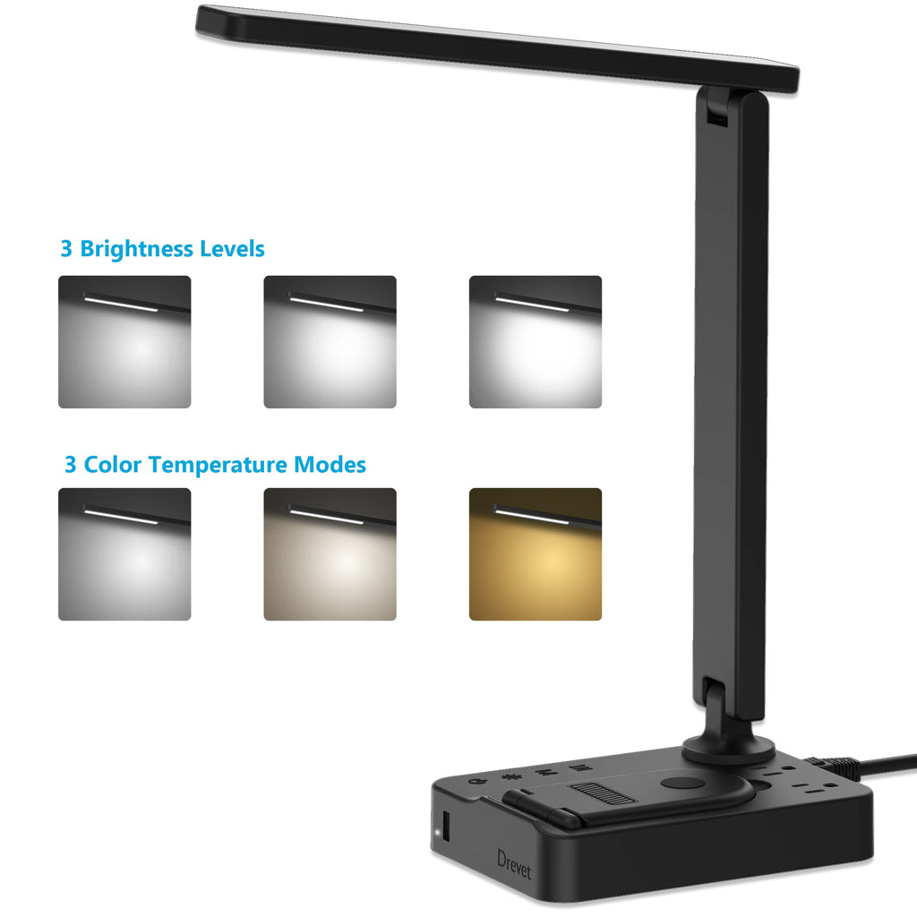 LED Desk Lamp with Wireless Charger, Desk Table Light with USB Charging Port and 2 Outlets, 3 Lighting Modes, 3 Level