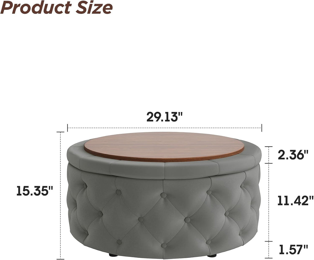 30 Inch Round Ottoman with Storage Tray,Large Coffee Table | Circle Modern Button Footstool with Removable Lid,Cozy