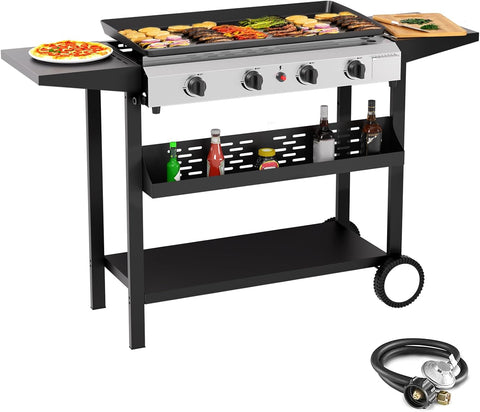 4-Burner Outdoor Propane Gas Griddle, 40,000 BTU Flat Top Grill with Side Shelves for Camping and Backyard