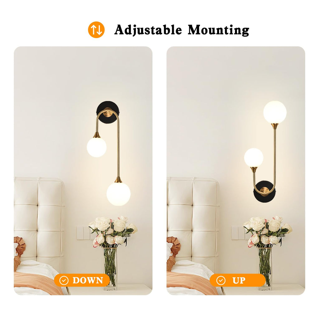 Mid Century Modern Wall Sconce Set of 2 Black and Gold Milk Glass Sconces with Double Ball Hardwired Wall Light