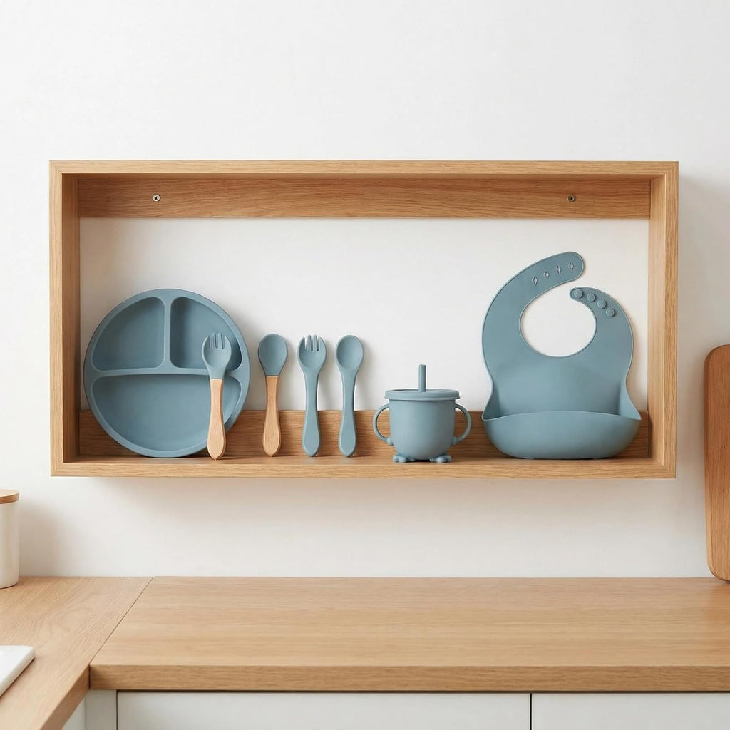 Feeding Set, 9 Pieces with Suction Bowl, Divided Plate, Sippy Cup, Bib, Spoons, Forks, Sage Green, BPA Free (Blue)