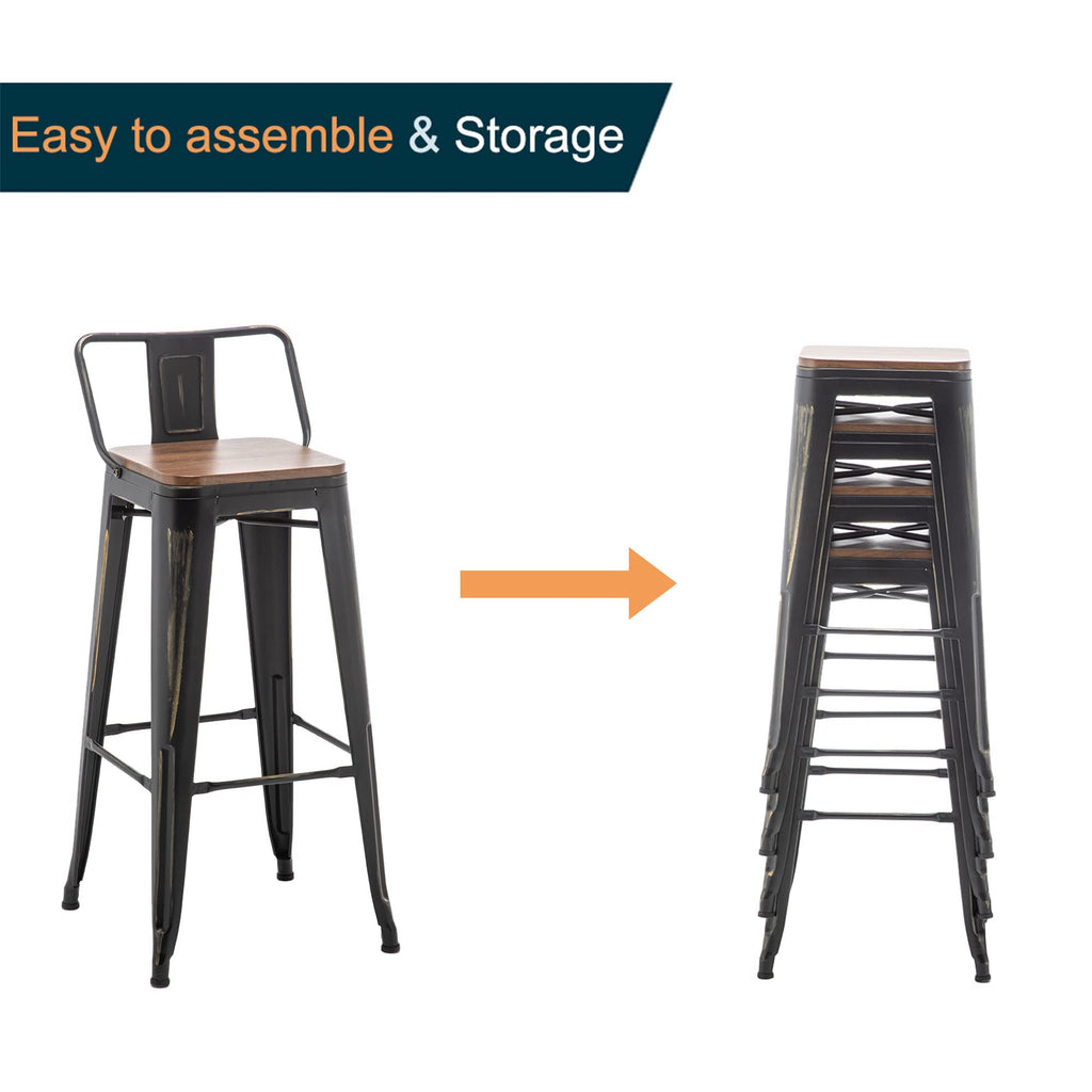26"Barstools Set of 4 Counter Height Bar Stools Chair-Distressed Gold Black