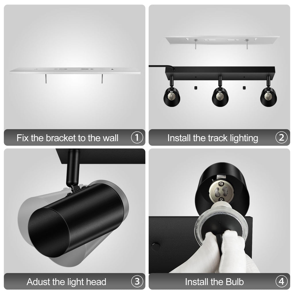 LED Track Lighting Ceiling Fixtures, Black 3-Light Plug in Track Lights, 3 Way Ceiling Spotlight, 15 FT