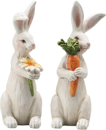 Easter-Decorations Bunny-Decor Spring-Figurines Table-Centerpiece - Spring Decorations Resin Rabbits with Carrot - Set of 2