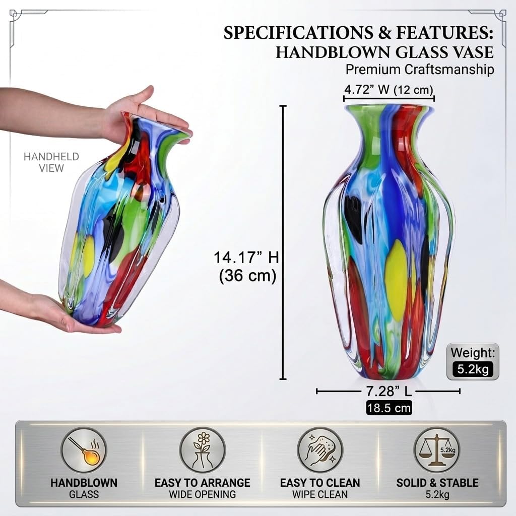 14" H Hand Blown Art Glass Vase, Multicolor Decorative Flower Vase with Wide Mouth Opening, Heavy Artistic Glass