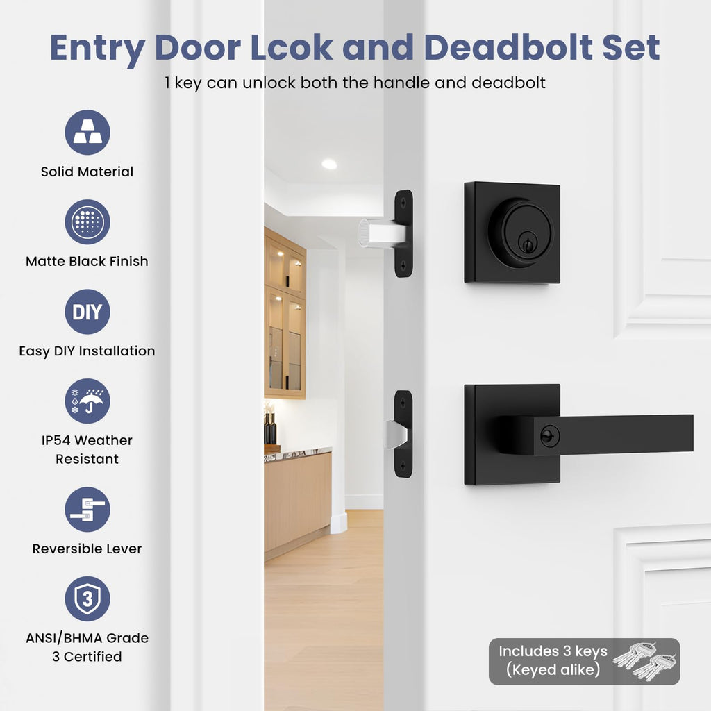 Door Locks for Front Door, Matte Black Exterior Door Handle and Single Cylinder Deadbolt Lock, Heavy Duty Modern