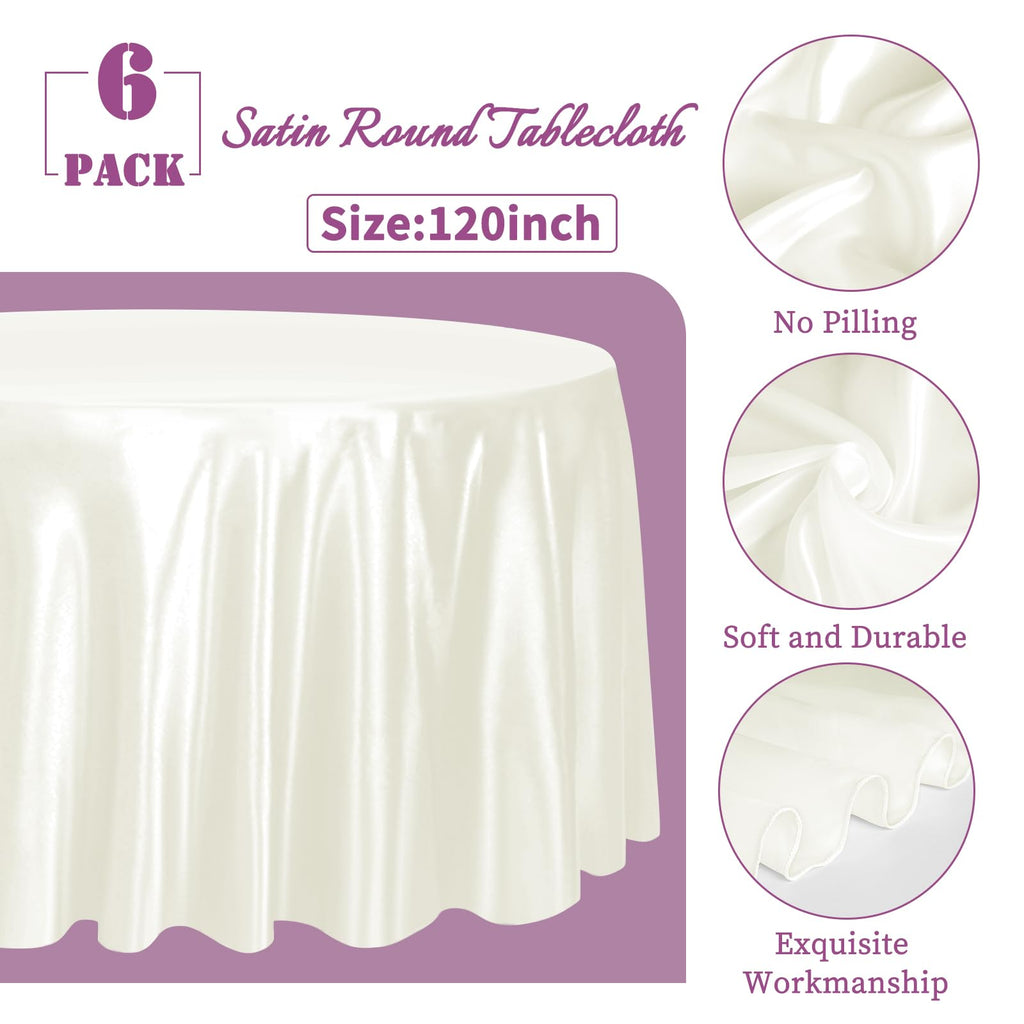 Ivory Satin Tablecloth, 6 Pack 120 Inch, Round Table Cloth Silk