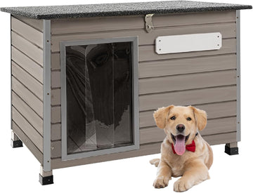 Dog House Outdoor, Chew-Proof Iron Frame Dog Kennel Weatherproof Natural Fir Wood Dog Houses with Removable
