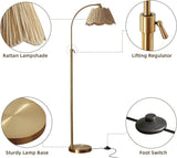 64'' Adjustable Arc Floor Lamp with Natural Rattan Woven Shade, Brushed Gold Mid-Century Modern Boho Floor Lamp