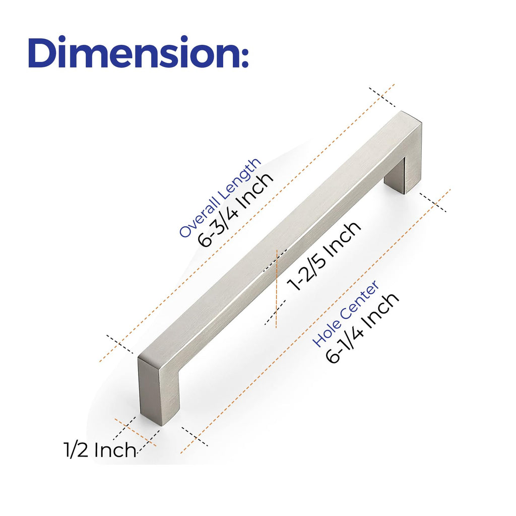 Brushed Nickel Cabinet Handles Square Pulls 6-1/4 Inch 5 Pack