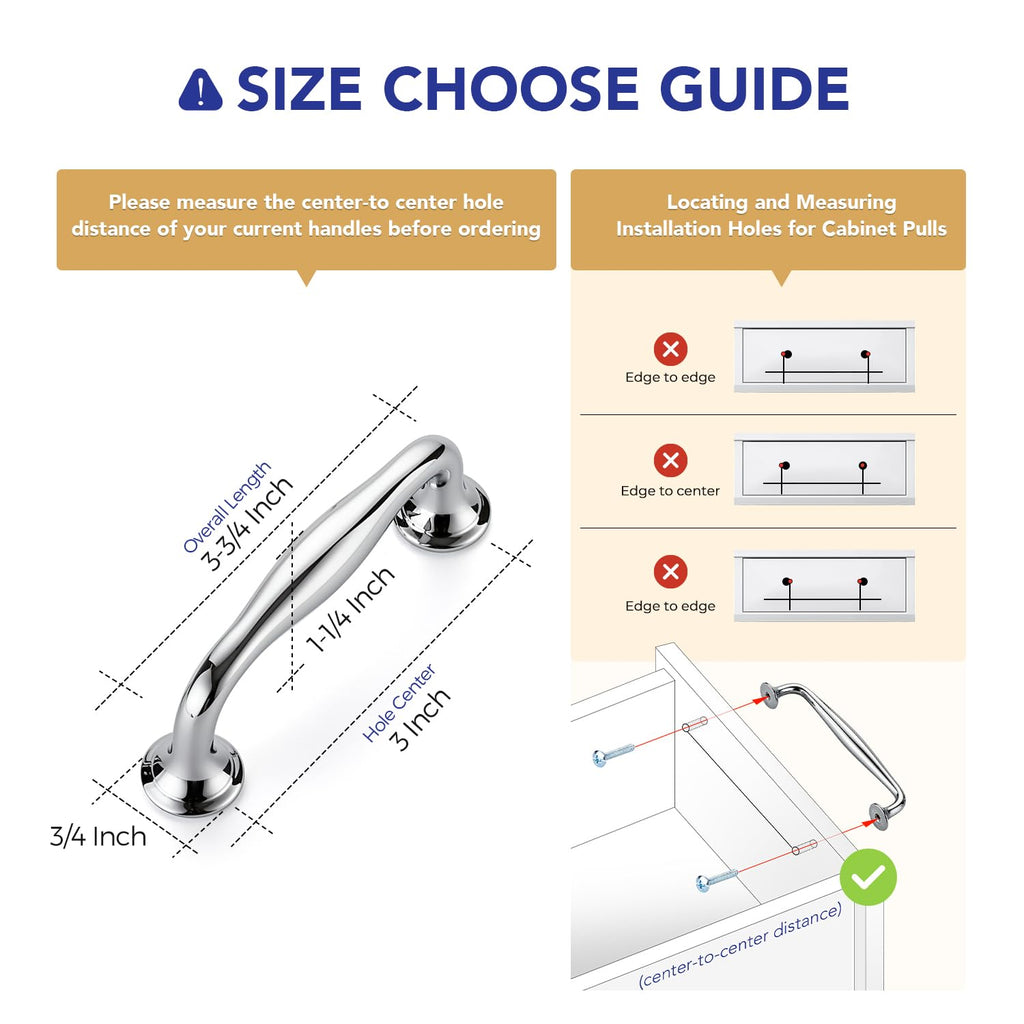 Polished Chrome Cabinet Handles Solid Pulls 3 Inch 20 Pack