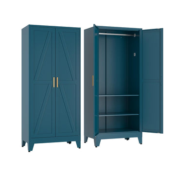 71'' Metal Armoire Wardrobe Closet, Steel Wardrobe Cabinet with Adjustable Hanging Rod and Shelves, 2 Doors Farmhouse