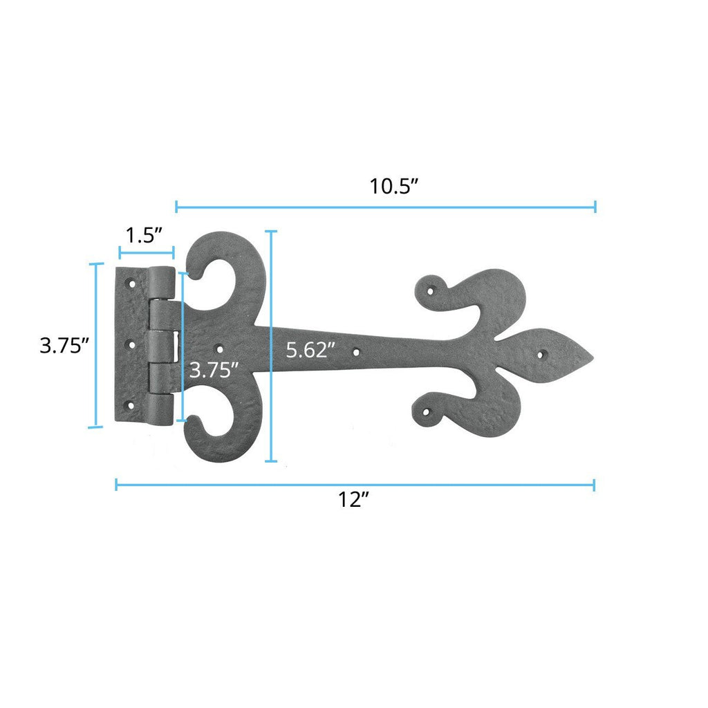 Gate Hinges 12 in. Black Wrought Iron Fleur De Lis Style Strap Hinges for Gates and Doors with Mounting Hardware