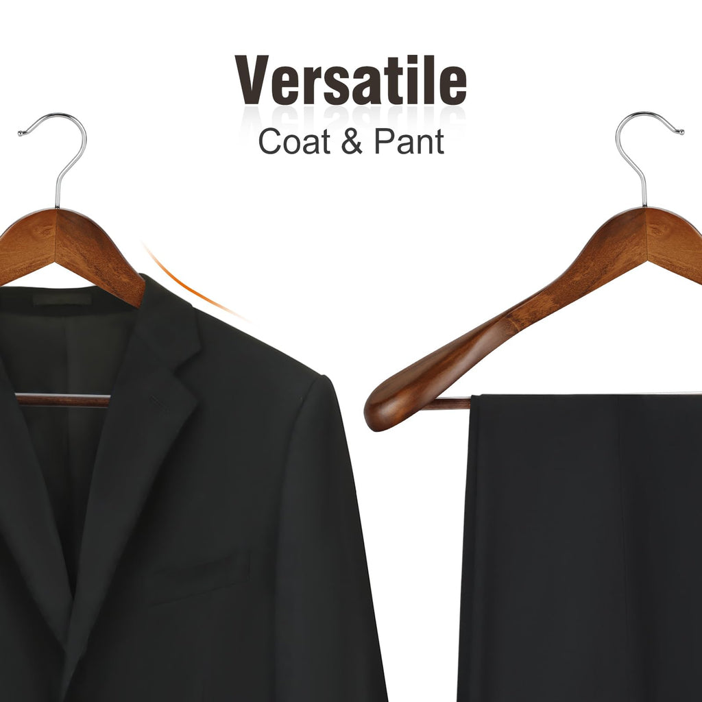 Wide Shoulder Wooden Hangers, Suit Hangers with Non Slip Pants Bar & 360° Swivel Hook, Solid Wood Heavy Duty Coat