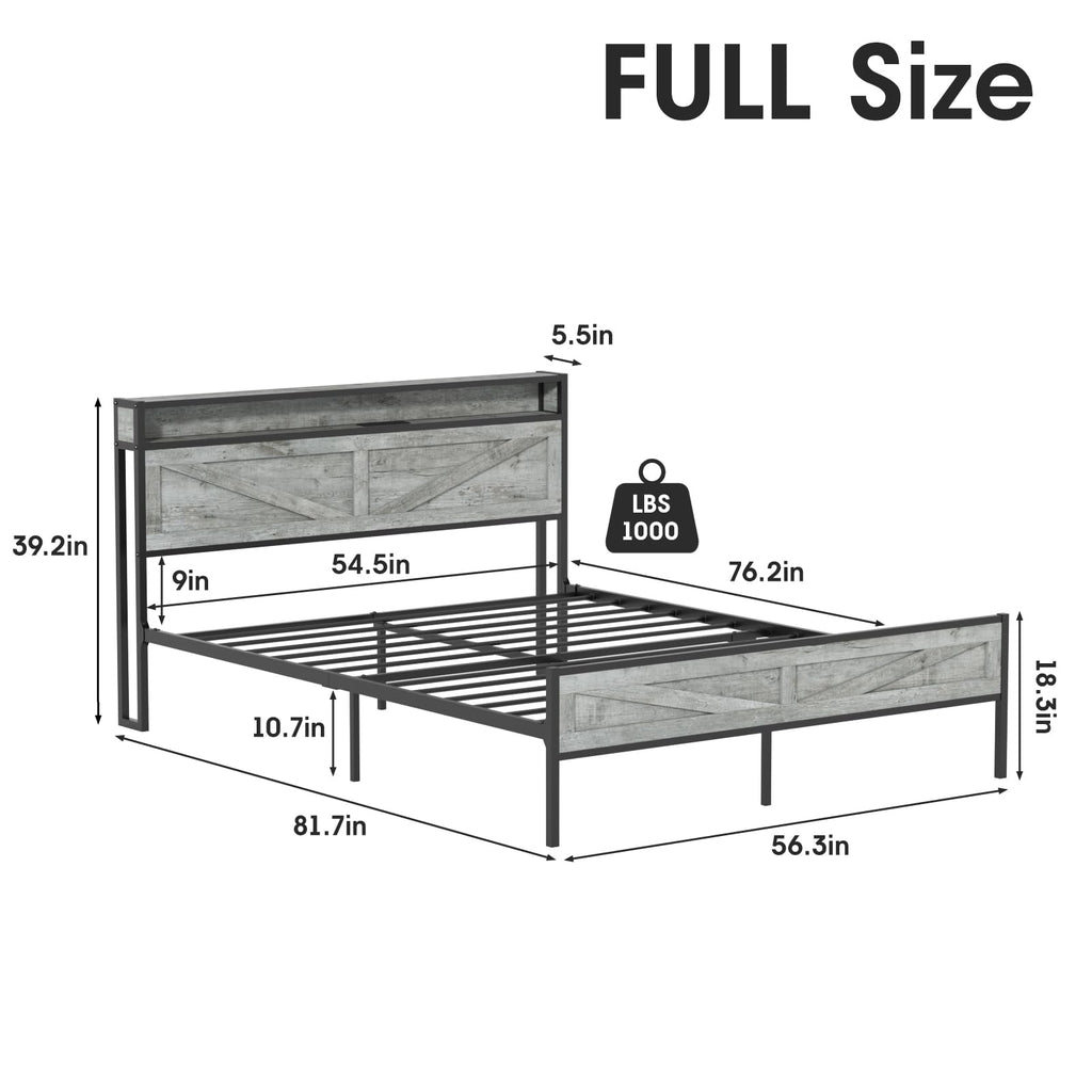 Bed Frame with Charging Station, Platform Metal Bed with Headboard & Led Light, Farmhouse Storage Bed, No
