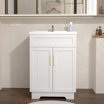 Bathroom Vanity with Ceramic Sink,Bathroom Vanities Cabinet with Large Storage Space, Wooden Bathroom Sink Cabinet for Apartment & Small Space (Milky White Finish, 24 Inch) A133-B0D6FGY21R