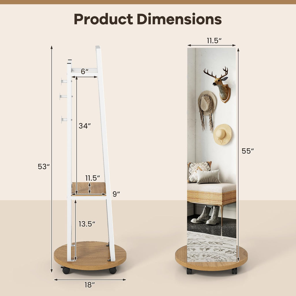 55" Full Length Mirror with Coat Rack, Standing Coat Tree