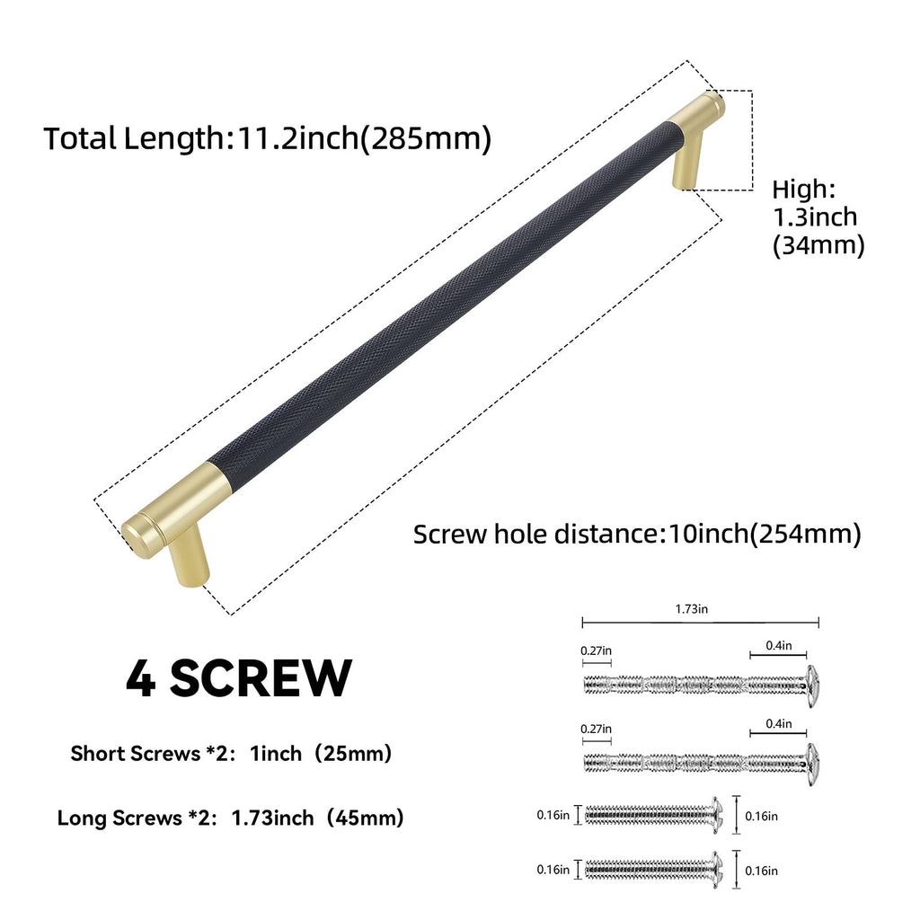6 Pack 10 Inch(254mm) Mattle Black and Brushed Gold Kitchen Cabinet Handles Knurled Cabinet Pulls Gold Drawer Pulls
