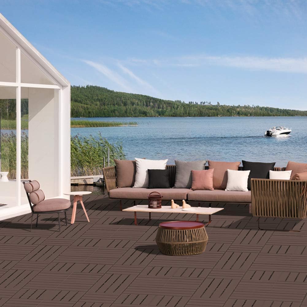 Patio Deck Tiles, 12 x 12 inches Composite Interlocking Decking Tile, Four Slat Plastic Outdoor Flooring, 9 Pieces One