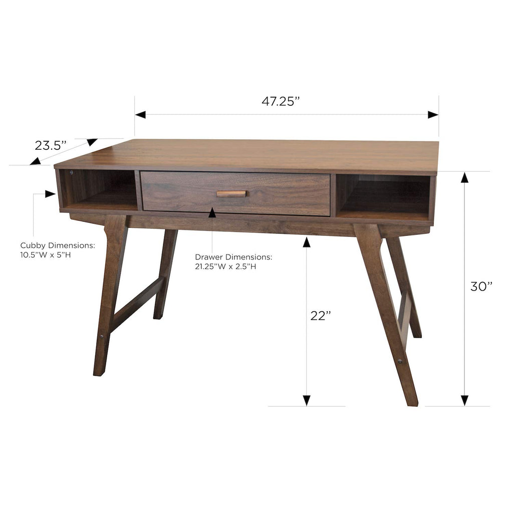 Mid-Century Modern Writing Desk with Drawer and Open Storage - Danish Walnut