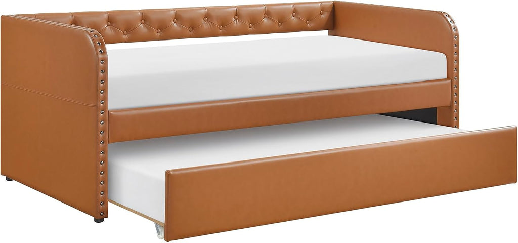 Faux Leather Daybed with Trundle, Solid Wood Frame, Nailhead Trim, Wood Slat Support, Button Tufted Trundle Day Bed