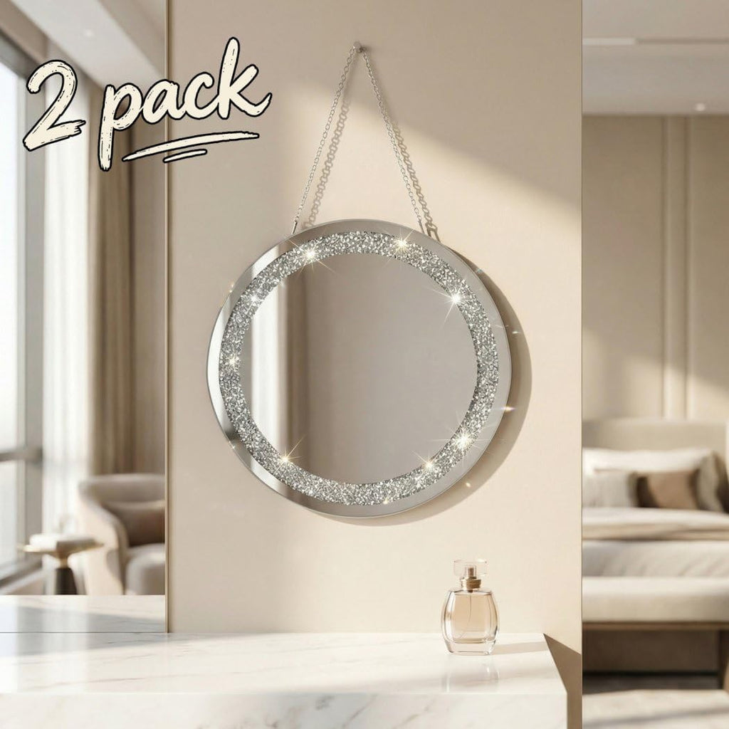 Crystal Crush Diamond Silver Mirror 2 Pack Diameter 12inch Round Shape with Iron Chain Real Glass Mirror for Wall
