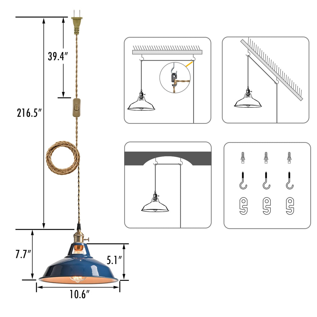 Farmhouse Plug-in Pendant Light-Dark Blue Barn Hanging Light