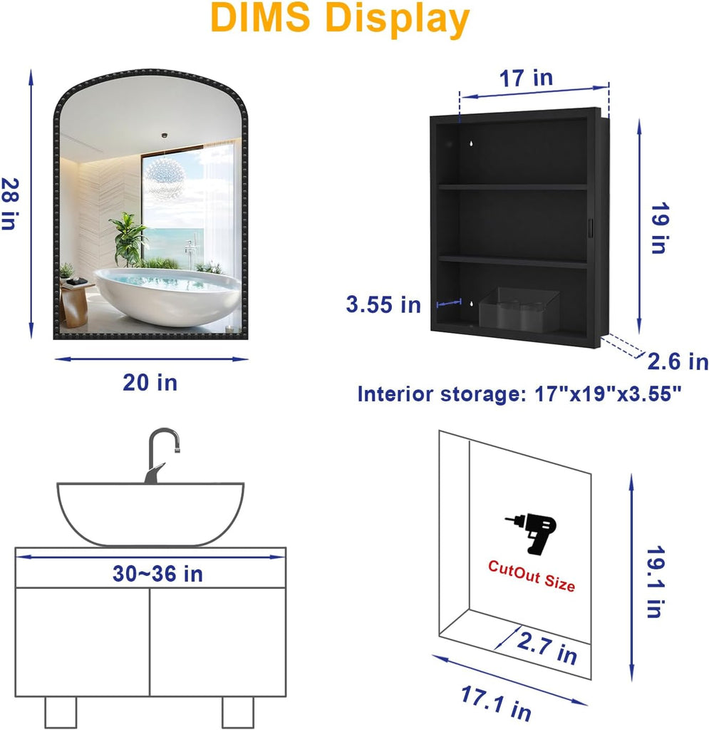 20"x28" Black Medicine Cabinet , Surface Mount or Recessed Medicine Cabinets with Storage and Arched Mirror