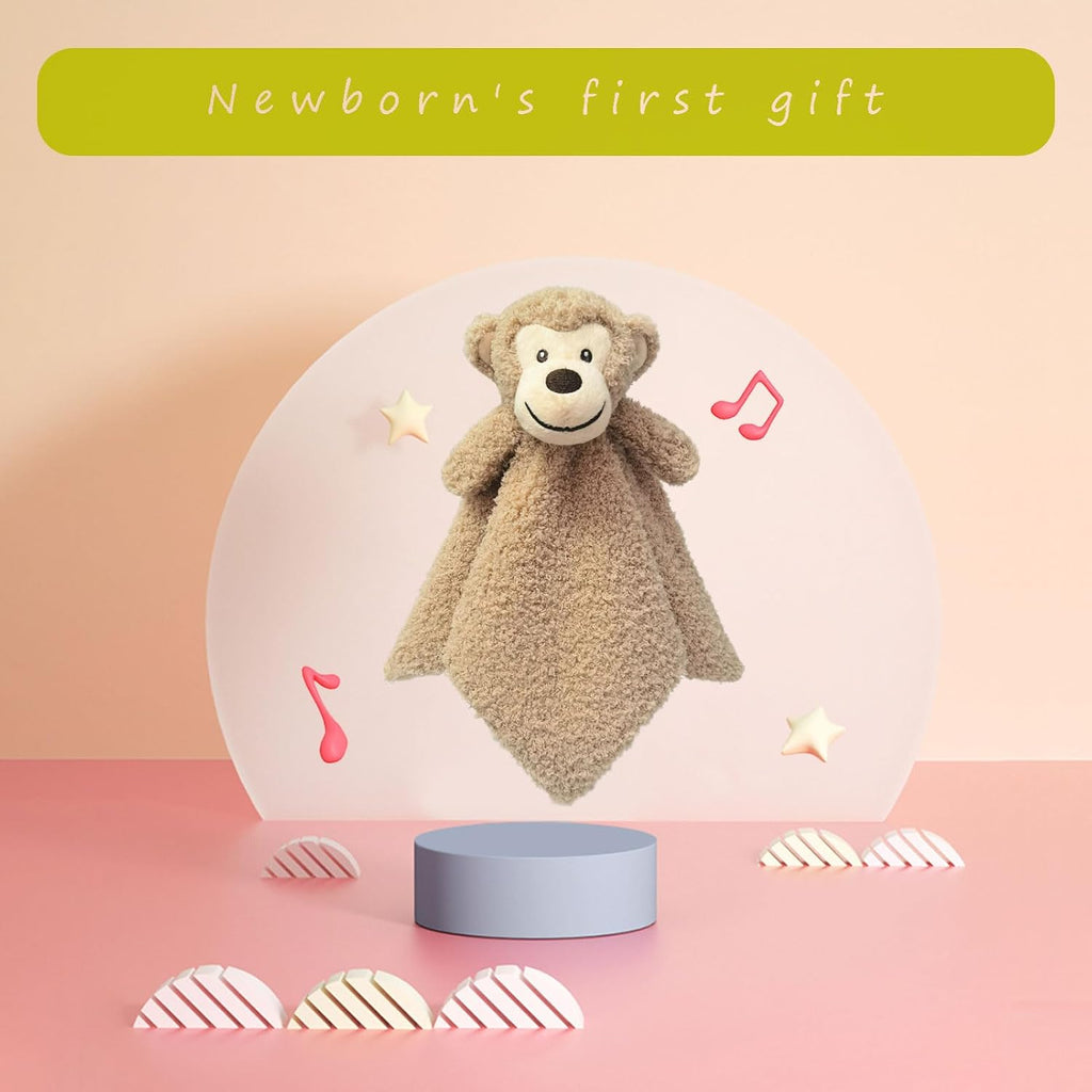 Light Brown Monkey Soft Stuffed Animal Security Blanket, Plush Monkey Character Lovey Blanket, Baby Shower/Nursery