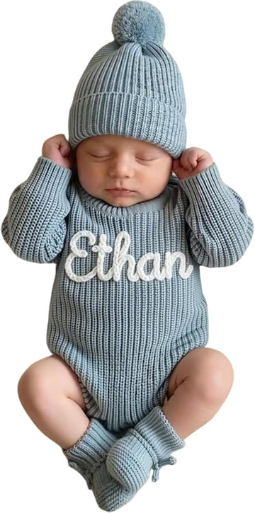 Personalized Embroidered Baby Romper Set Cotton Newborn Coming Home Outfit Knit Sweater Gender Neutral Gift