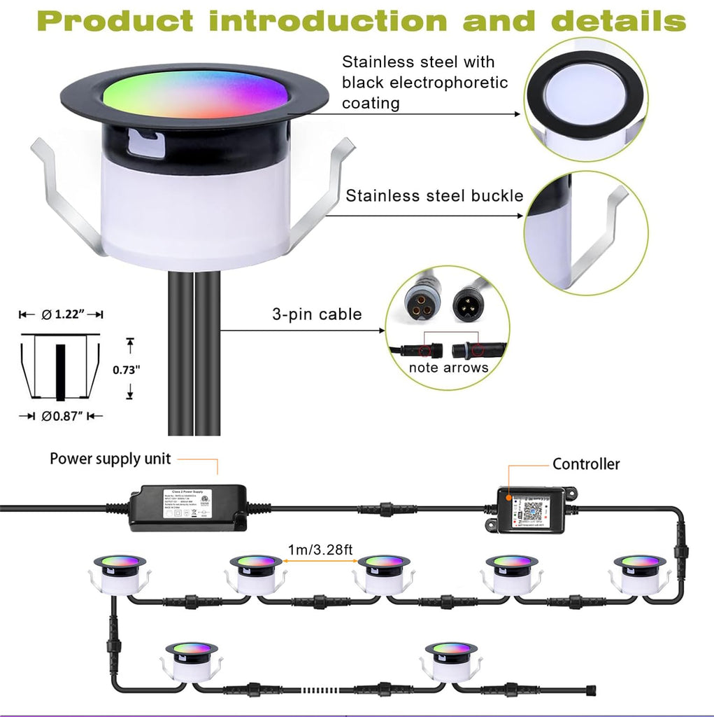 LED Deck Lights Kit, 30 Pack 1.22" WiFi Smart RGBW+IC Multicolor