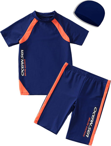 Boys Swimsuits UPF50+UV Swimwear Set Two Piece Rash Guard with Hat for Kids
